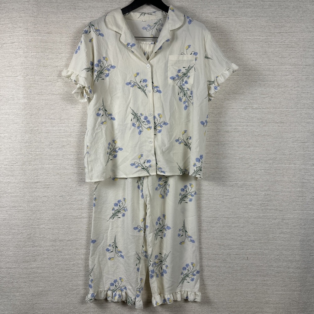 Womens Sz‎ L Spring 2 Piece Pajama Set Floral Soft Ruffle Cottagecore Prairie
